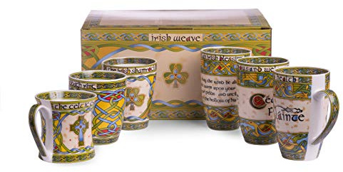 Royal Tara 6 Mug Set with Irish Blessing, Shamrock Design with Box (Irish History Set)