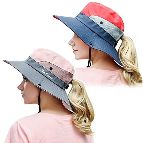 Muryobao Sommer-Sonnenhut für Damen, Pferdeschwanz, UV-Schutz, breite Krempe, faltbar, Safari-Angelmütze, 2 Stück, 2er-Pack, Rot und Rosa, Einheitsgröße
