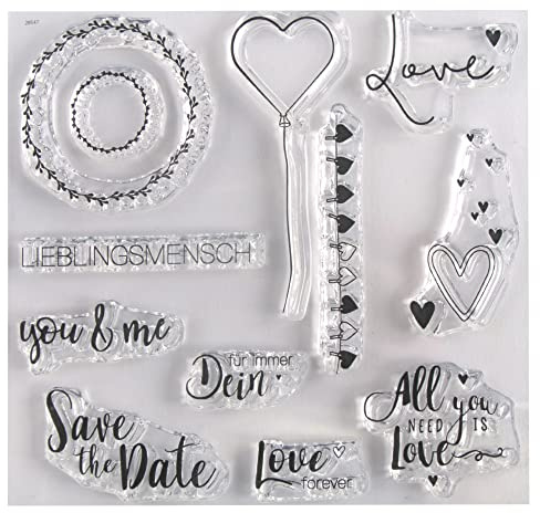 Rayher 50244000 Sello de silicona Clear Stamps, 12 motivos y mensajes para bodas, 102,5x97 mm