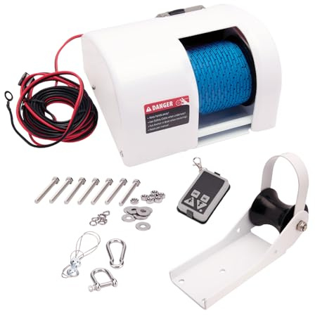Electric Anchor Winch,Boat Anchor Wench 12V Marine Saltwater Anchor Windlass Kit with Wireless Remote Control Anchors Up to 25 LBS (White)