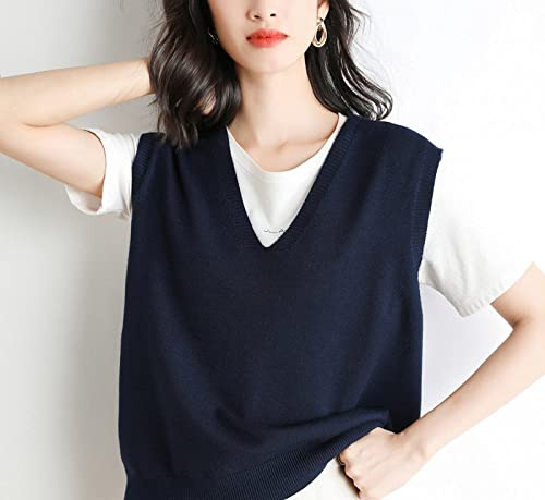 Gilet In Maglia Donna,Gilet Lavorato A Maglia Da Donna Blu Navy Tinta Unita Scollo A V Sciolto Gilet Lavorato A Maglia Maglioni Senza Maniche Casual Autunno Inverno Senza Maniche Maglione Gilet Cami