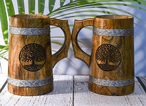 India House 20 OZ Mango-Holz-Bierkrug - Hochzeits- und Geburtstagsgeschenke (2er-Set mit beidseitiger Gravur)
