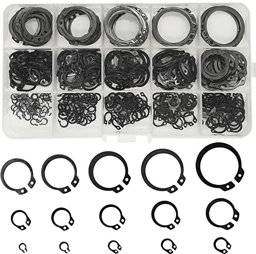 350 Stück M4-M28 Schwarz 65Mn Stahl C-Clips, externe Halterung Clip Ringe | 15 Größen Circlip Scheiben, Snap Ringe Sortiment Set für Achsen, Wellen, Feder Circlip