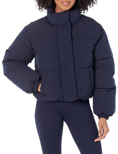Amazon Essentials Women's Cropped Full-Zip Puffer Jacket (Quilted Matte or Sherpa Fleece), Navy, Medium