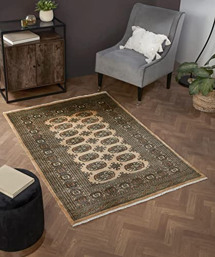Traditioneller Bokhara-Teppich, handgefertigt, orientalische Wolle, für Schlafzimmer, Wohnzimmer, Esszimmer, luxuriöser Teppich, Beige, klein 90 x 150 cm