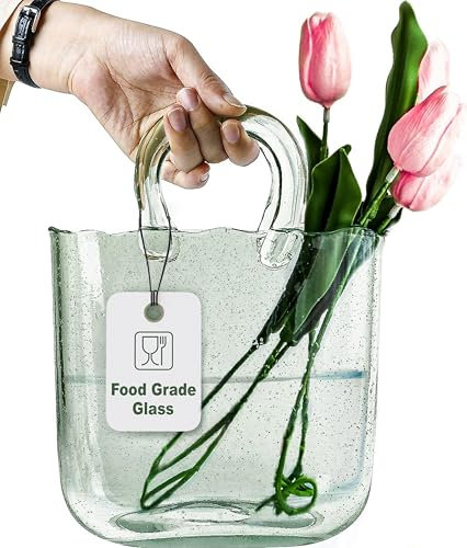 OLEEK Purse Vase for Flowers (Handmade) - 10 Inches Clear Glass Purse Vase - Cool & Cute vases for centerpieces, Fish Bowl - Unique Glass Handbag Flower vase Decorative - Wide Mouth Glass Purse