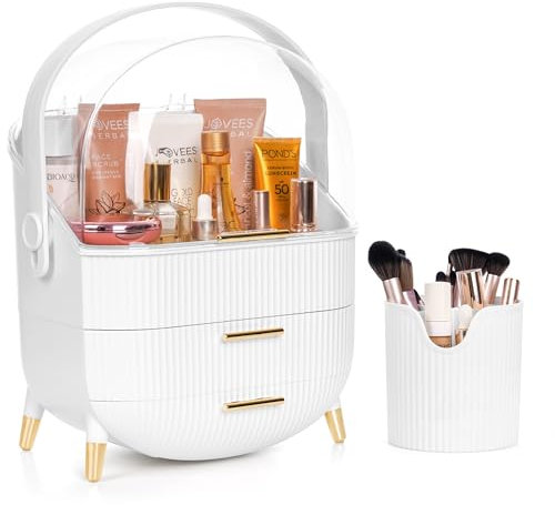 Winter Shore White Makeup Storage Organiser with Brush Jar - Organizer Schminke aus Kunststoff mit 3 Ebenen, Drehbarem Griff & Durchsichtigem Deckel - Wasser- & Staubdichte Kosmetik Aufbewahrung