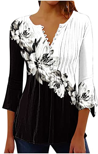 Camiseta Manga Corta Mujer Verano 2026 Moda Impresión Camisa 3/4 Manga Blusa Cuello en V Botones Plisada Camiseta Elegant Suelto Tops Casual Fiesta Cómodo T-Shirt Original tee Playa