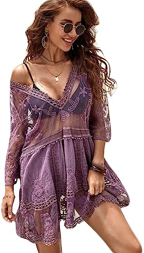 LCXYYY Damen Cover Up Sommer Bikini Strandurlaub Strandponcho Sexy Spitze V-Ausschnitt Freizeitkleid Sonnenschutz Strandkleid