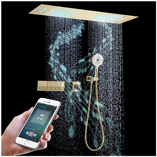 Musik Duschsystem mit Thermostat, 4 Funktionen Duschset Unterputz Gold | 300x900mm Edelstahl Duschkopf LED 64 Farben RGB , Duschset Duscharmatur Set mit 3 Funktionen, MessingköRper