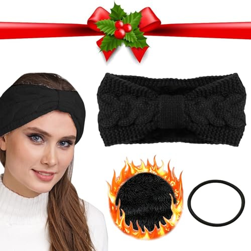 Bavooty Stirnband Damen Winter,Stirnbänder Strick,Gestrickte Stirnband Damen aus Wolle mit Knoten,Haarband Ohrenwärmer Elastische,Gefüttertes Stirnband Haarband Ohrenwärmer,Dicke Ohrenschütze,Schwarz