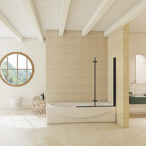 Ducha Casa Mampara de bañera plegable con bisagra 2 hojas sin marco exterior, 6mm cristal templado antical, perfil negro mate, 140x120cm