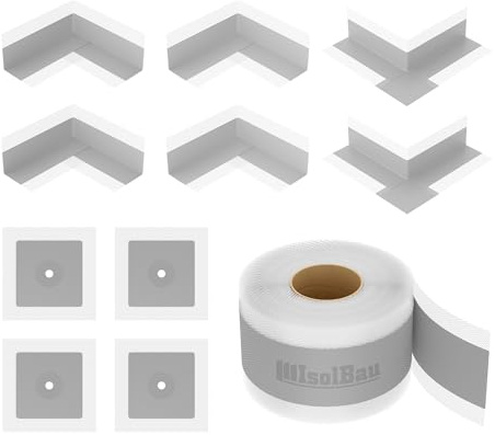 Isolbau 106G - Juego de cintas de sellado para interiores y exteriores, incluye cinta de sellado de 50 m, 4 esquinas interiores, 2 esquinas exteriores y 4 manguitos de pared, impermeabilización para