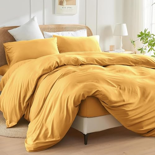 SSW HOMES Parure de lit Double Taille (Ocre) - 3 Pcs Housse de Couette en Microfibre Brossée Unie Teinte - Ensemble de Literie avec Fermeture à Boutons Comprenant 1 Housse de Couette & 2 Taies