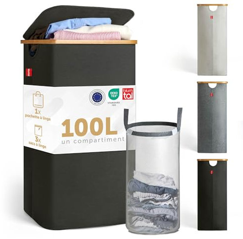 Blumtal® Cesto ropa sucia 1 compartimento 100L - lavable e higiénica cesta ropa sucia estrecha con red de lavandería extraíble - cesto ropa sucia con tapa y borde de bambú - cubo ropa sucia - negro