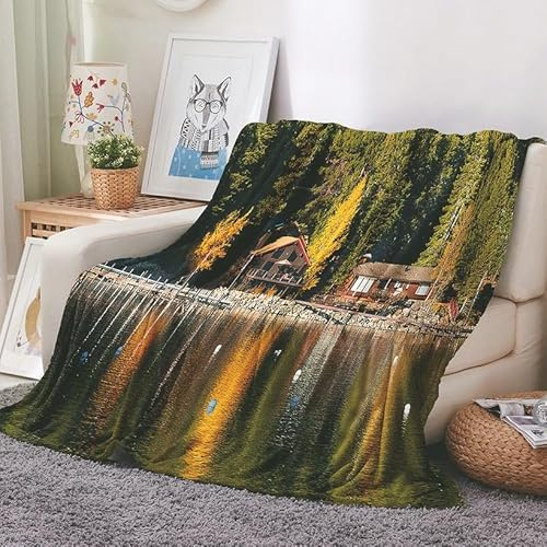 EHOMERY Manta Suelo Picnic Colcha One Piece Mantas Invierno Cobija Niña Superficie del Lago Paisaje Manta De Otoño Mantas Decorativas Suaves Y Cómodas Verde 100x70cm