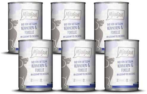 MjAMjAM - Comida húmeda Premium para Perros - Duo de suculento Pollo y Trucha con calabacín al Vapor, Pack de 6 (6 x 400 g), sin Cereales con Extra de Carne
