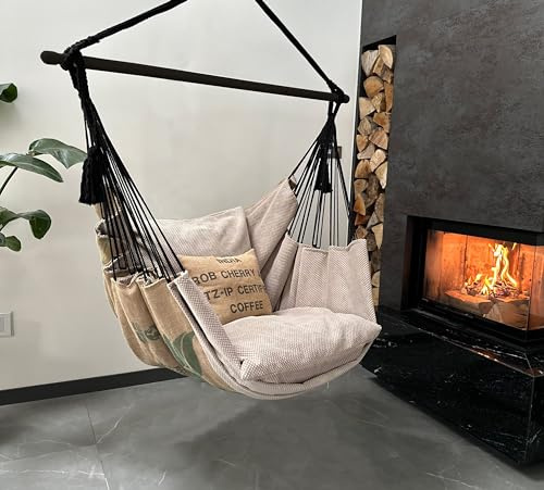 Izabell® Chaise hamac avec Grands Coussins – Fauteuil Suspendu XXL et hamac pour intérieur & extérieur – Coffee Swing en Sacs de Jute de torréfacteurs de café