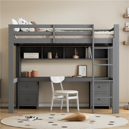 Tcewhhy Hochbett Holz 90x200 cm Bett Oben Tisch Unten Großer Stauraum Hohes Geländer Kinderbett Mit Absturzsicherung Und Treppe Jugendbett Für Kinder Jugendliche Einzelbett Grau