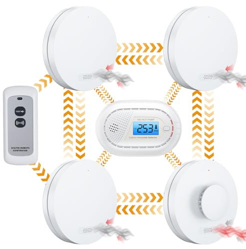 Alarmas de Humo, Calor y monóxido de Carbono interconectadas inalámbricas con batería de 10 años, Control Remoto, certificación CE y preenlazada EN14604:2005/AC:2008-5 Piezas