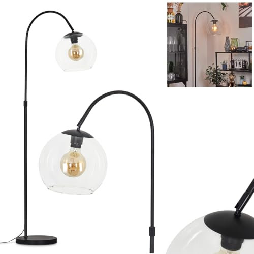 Stehleuchte Koyoto, Stehlampe aus Metall/Glas in Schwarz/Klar, Leuchte im modernen Retro/Vintage/Industrial-Design mit Schirm aus Glas (Ø 25 cm) u. Fußschalter, Höhe 141 cm, 1 x E27, ohne Leuchtmittel