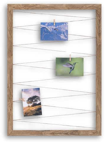 CLAMARO Fotohalter mit Fotoleine, Eiche Altholz Silber, 50 x 70 cm | MDF-Rahmen 30 mm breit, vollummantelt, Juteband gespannt, Massivholz-Clips, Metallaufhänger, für Fotocollage, Postkarten