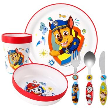 Paw Patrol Kids 6 Piece Reusable Dinner Set - Cup, Bowl, Plate & Cutlery | Lightweight & Kid-Friendly Dinnerware Set Includes Knife, Fork & Spoon, Toddler Plastic Tableware Set | Easy to Hold Design