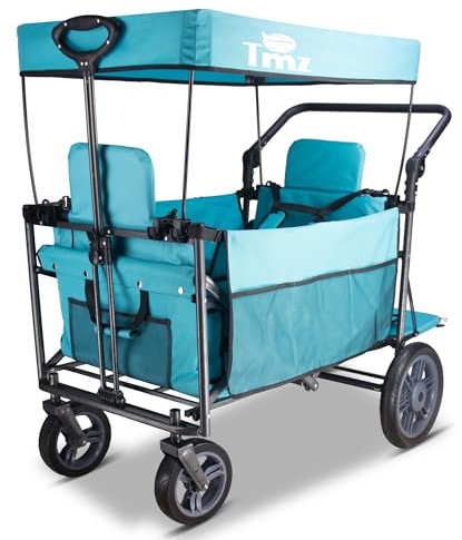 TMZ Folding Wagon Featuring 2 Seats, Folding Handcart trolley with Removable Canopy, Collapsible Garden Wagon with Brake for Festival Shopping Camping Picnic (Turquoise)