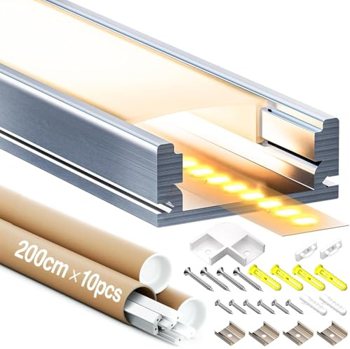 GEEKLUX LED Profil U-Form und LED Aluminium Profil 2m 10 Stück, LED Schiene aus eloxiertem Aluminium, led kanal für LED Streifen bis 12mm, led diffusor für gleichmäßige Lichtverteilung