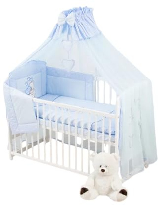 Generisch 12-Teiliges Kinderbett mit Matratze, Teddybär mit Herz, Blau | Bettzeug inklusive, Zubehör inklusive