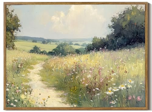 Framed Canvas Wall Art Prints Oil Painting Wildflower Aesthetic Room Decor Serene Country PathLandscape Abstract Poster Pictures Prints for Bathroom, Bedroom LivingRoom 8×10inch