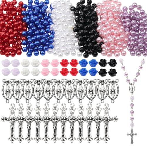 SUNNYCLUE 696 Stück Rosenkranz Bastelsets Vintage Kruzifix Anhänger Osterkreuz Anhänger Rosenkranzkreuze Rote Und Rosa Rosenblütenperlen Kunstperlen Für Die Schmuckherstellung Zubehör Zum Selbermachen