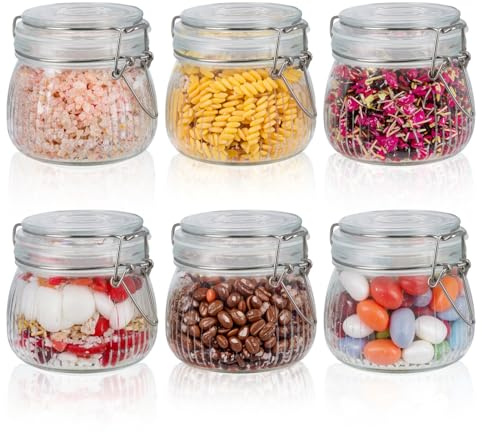 Samlonge 6 x Tarros de Cristal con Tapa Hermética, Botes Especias 500ml, Tarros de Conserva, Tarros de Fermentación, Frascos de Vidrio con Tapa de Clip para Alimentos, Café, Azúcar, Nueces, Especias