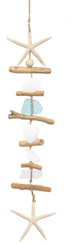 SKOOLOVE Wooden Driftwood Wall Decor, Starfish Bathroom Decor with Sea Shells, Driftwood Beach Room Decor for Home Indoor Outdoor, Coastal Wall Art for Living Room, Bedroom and Dining Room Blue
