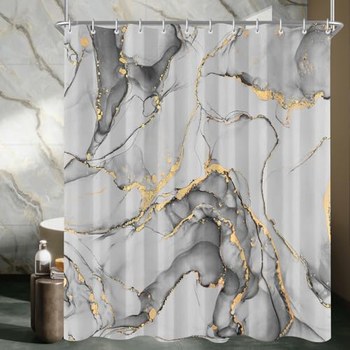 Lerores Duschvorhang 180x200 cm Grauer Marmor, Beschwerter Saum Antischimmel, Wasserabweisend, Waschbar Polyester Badevorhänge mit 12 Ösen und Duschvorhangringen für Badezimmer, Badewanne