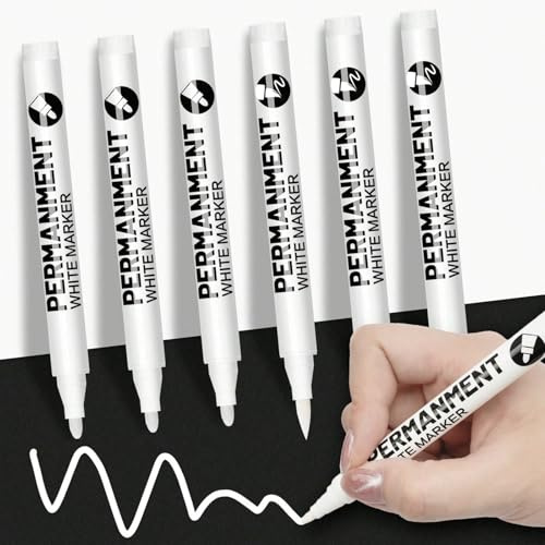 Barlone 6 Stück Permanent Marker Weiß, 1-5mm Fadenbreite Acrylstifte Weiß, Wasserfest Schnell Trocknender, Weißer Lackstift für Steine,Felsmalerei,Keramik,Glas,Holz,Stoff,Metall,Leinwand,Reifenstift
