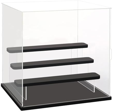 Acryl Vitrine Ständer für Figuren mit 3 Stufen, Staubdicht Blind Organizer Transparent Assemble Storage Showcase für Spielzeug Figuren Puppen Souvenirs, 10 mm Holz Kunststoff Sockel (32 x 26 x 29 cm