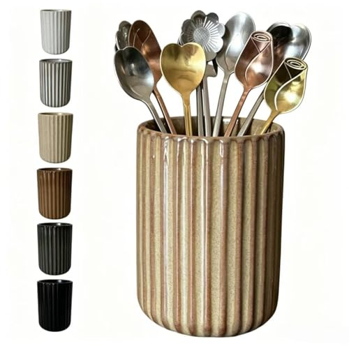 TOPYOKK Stoneware Coffee Bar Utensil Holder Tea & Coffee Spoon & Stirrer Holder for Stir Stick Straw Teaspoon Holder Spoon Cup Small Utensil Jar Fluted Vertical Stripe (Rustic Brown)