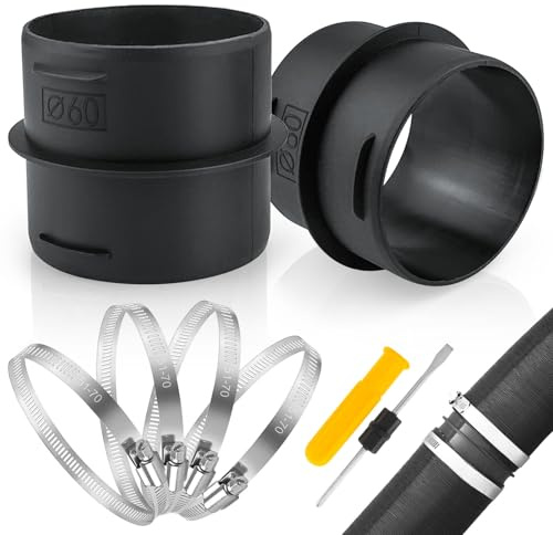 ADNEWX Ducting Joiner Lot de 2 raccords de tuyaux de 60 mm avec 4 colliers de serrage en acier inoxydable pour canal rond, en plastique, accessoires de chauffage auxiliaire