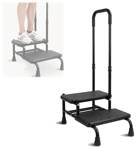 Marchepied avec Poignée pour Personnes âgées, Marche de Baignoire avec Poignée Maintien et 2 Marches, Hauteur Réglable, Marchepied pour Baignoire avec Poignée pour Chevet Cuisine Baignoire, Noir