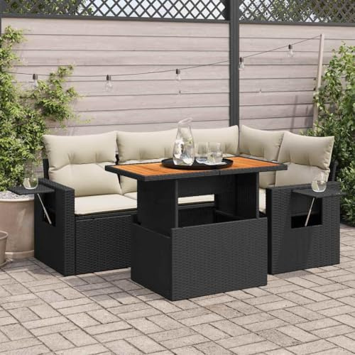 Teenpull 5-TLG. Garten-Sofagarnitur Schwarz aus Poly Rattan, Modularer Outdoor Möbel Set mit Verstellbarem Tisch, Wasserfestem Stauraum für Terrasse, Balkon, Garten, Bequemes Loungesofa
