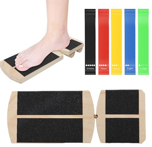 FrostyFlair Wooden Balance Board: Foot Trainer and Posture Aid for Sprains and Plantar Fasciitis, includes 5 Adjustable Bands