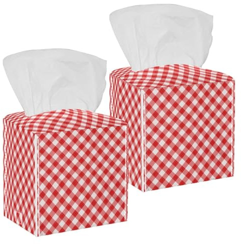 Quadratische Taschentuchbox-Abdeckung, rotes Vichy-Muster, Leder, für Kosmetiktücher, Toiletten, Tank, Kommode, Nachttisch, Arbeitsplatte, Büro, Auto, 2 Stück