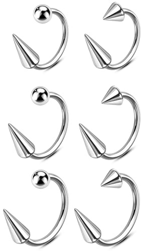 OUFER Snake Bites Lip Piercing Jewelry 16G Lip Rings, 6PCS 8/10/12MM Horseshoe Long Short Spike/Ball Labret Rings, 316L Surgical Steel Septum Helix Conch Piercing Jewelry