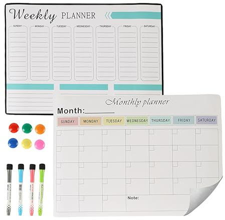 Relaxdays Whiteboard für Kühlschrank, Wochenplaner & Monatsplaner Set, magnetisch, abwischbar, 4 Stifte, 6 Magnete, weiß