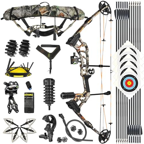 ZSHJGJR Compoundbogen Jagd Bogen und Pfeile Set Bogenschießen 0-70 Lbs Verstellbar Sportbogen Jagd Bogen Set Rechtshand/Inklusive Tasche 12 Pfeile Jagdspitzen Erwachsene