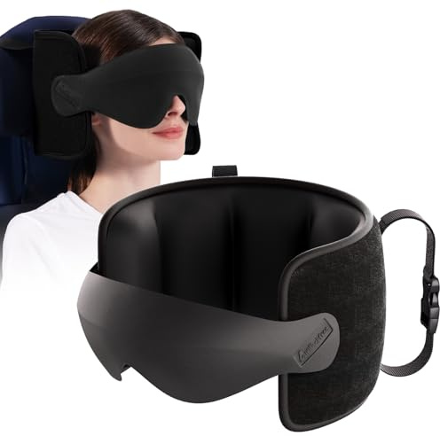 Air Neck Free Travel Pillow for Airplane, Travel Pillow with Seat Strap and 3D Eye Mask to Firm Head, 360°Support Headrest No Bobblehead, Travel Essentials for Long Flight,Car Road Trip,Black