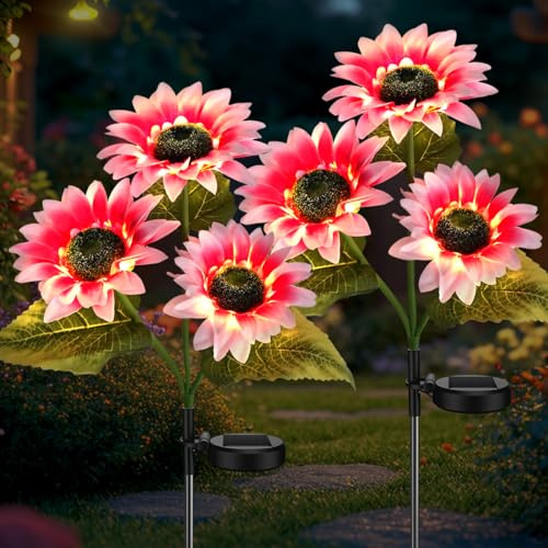 Aolyty 2Pcs LED Solar Garden Sunflower Lights | Pink Decorative Waterproof Flower Stake Light, Outdoor Artificial Ornaments