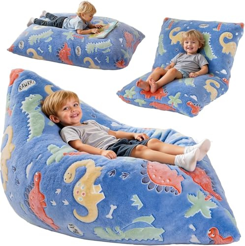Kids Bean Bag Chair Bed, 3 in 1 Memory Foam Filled Bean Bag Sofa with Removable Cover for Playroom Daycare Bedroom, Toddlers Lazy Floor Mattress Lounger for Boys Girls, Glowing Dinosaur (blue)