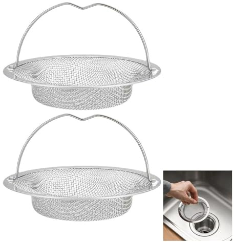 2 Stück Edelstahl Abflusssieb für Spüle – Sieb Spülbecken & Waschbecken, Rostfreies Siebkörbchen mit Griff, Verstopfungsschutz Küchenspüle Stöpsel, Hochdichte Löcher (1 mm), Einfache Reinigung